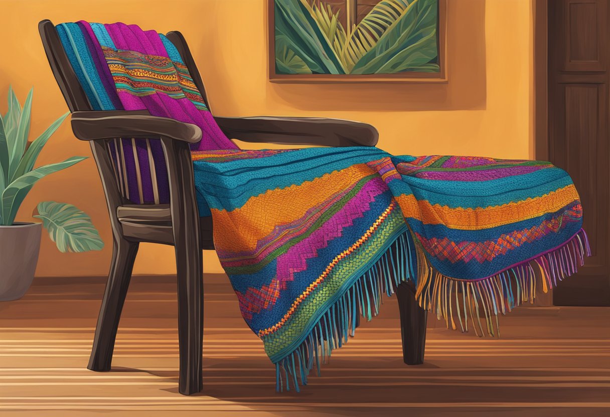 A colorful rebozo draped over a chair, displaying intricate patterns and vibrant colors, symbolizing the wearer's cultural identity and personal style