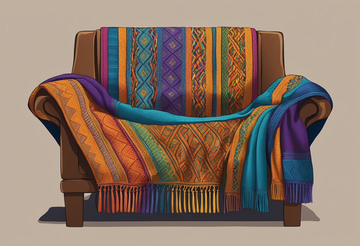 A rebozo draped over a chair, displaying intricate patterns and vibrant colors, symbolizing the wearer's cultural identity and social status