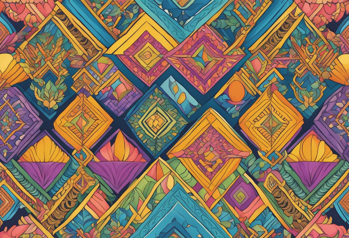 An array of colorful rebozos arranged in a symmetrical pattern, each with unique designs and patterns, conveying the diversity and individuality of the wearers