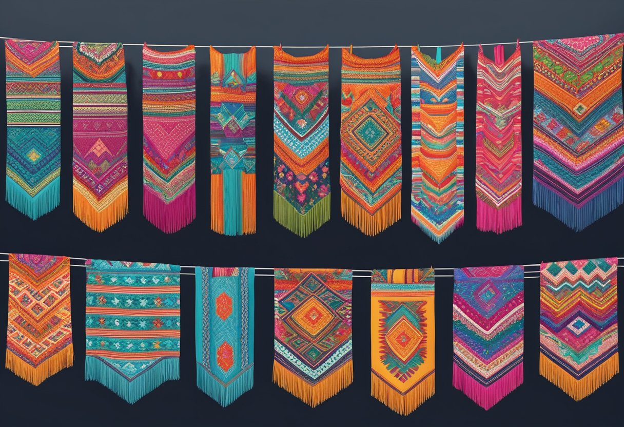 A colorful array of Mexican rebozos from various states, each showcasing unique patterns and designs, hanging on a display rack