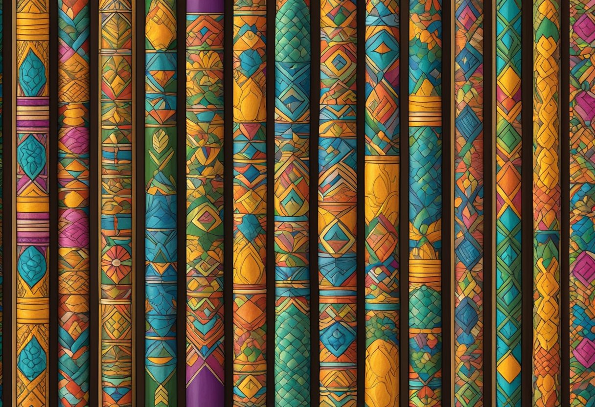 A colorful array of rebozos from various Mexican states, each showcasing distinct patterns and designs, displayed on a traditional wooden rack