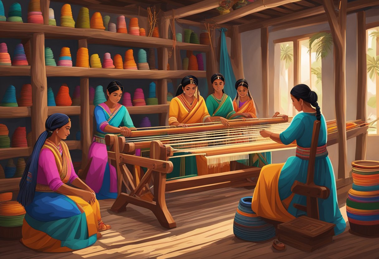 A group of women gather around a large wooden loom, weaving colorful threads into intricate patterns, surrounded by shelves of vibrant yarn and traditional rebozos