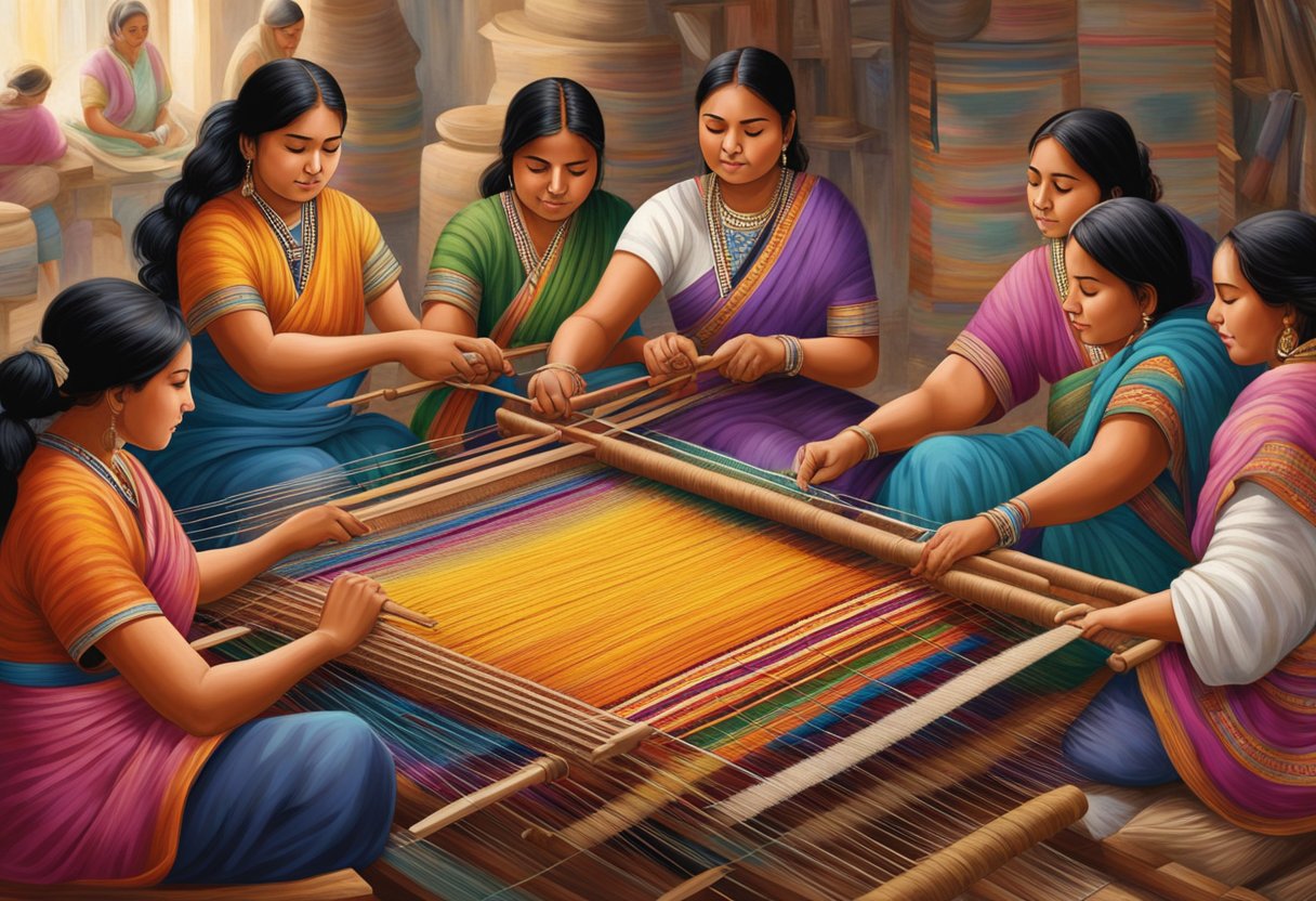 A group of women gather around a large loom, carefully weaving vibrant threads into intricate patterns, surrounded by traditional rebozos and other weaving tools