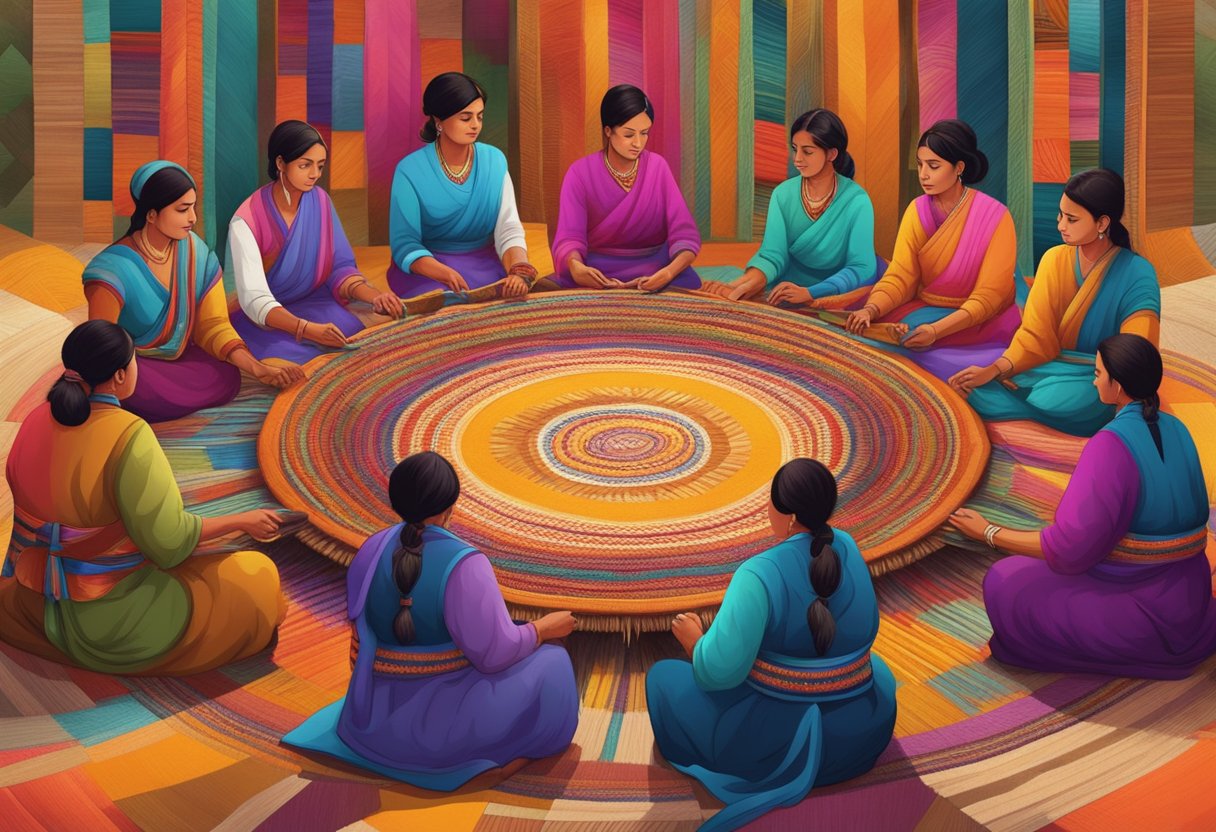 A group of weavers sits in a circle, working on vibrant rebozos using traditional techniques, surrounded by colorful threads and intricate patterns