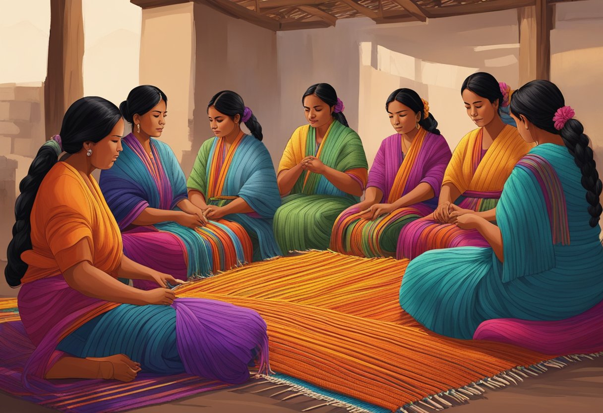 A group of weavers sit in a circle, surrounded by vibrant colored threads and traditional looms, working together to revive the art of traditional rebozo weaving