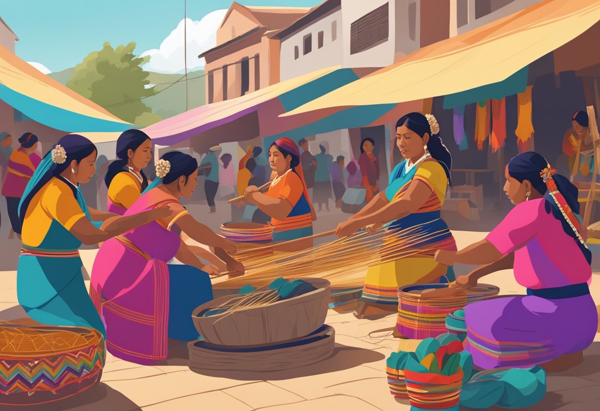 A group of indigenous women weaving rebozos using traditional methods in a vibrant, bustling market square