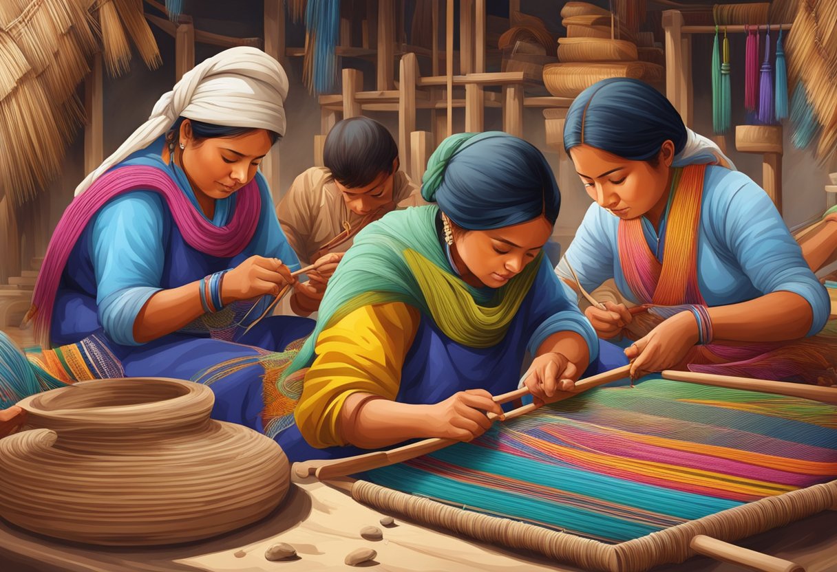 A group of artisans diligently weaving intricate patterns into colorful rebozos, surrounded by traditional tools and materials