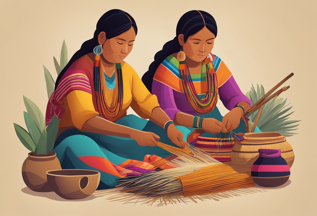 A group of indigenous women weaving colorful rebozos, surrounded by traditional tools and materials, while sharing stories and preserving their craftsmanship