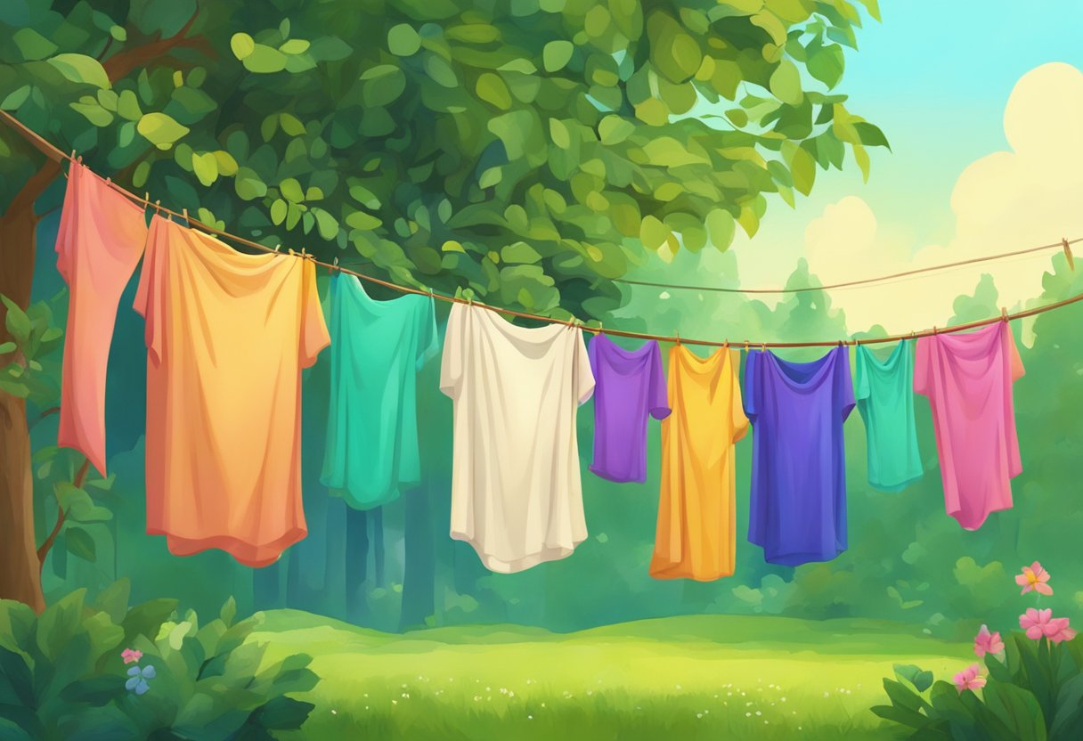 A colorful array of rebozos hanging from a clothesline, swaying gently in the breeze against a backdrop of lush greenery