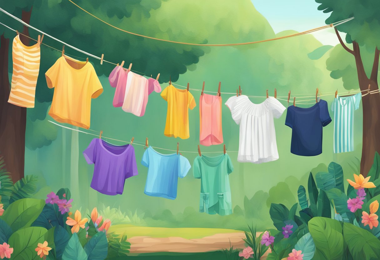 A colorful array of rebozos hanging on a clothesline, with a backdrop of lush greenery and sustainable fashion materials