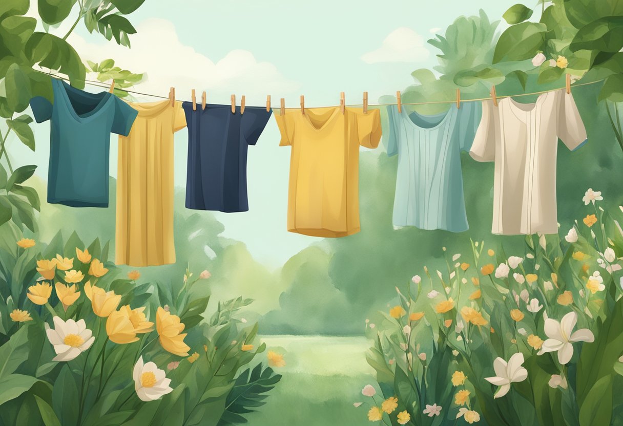 A group of rebozos made from sustainable materials hang on a clothesline against a backdrop of lush greenery and blooming flowers