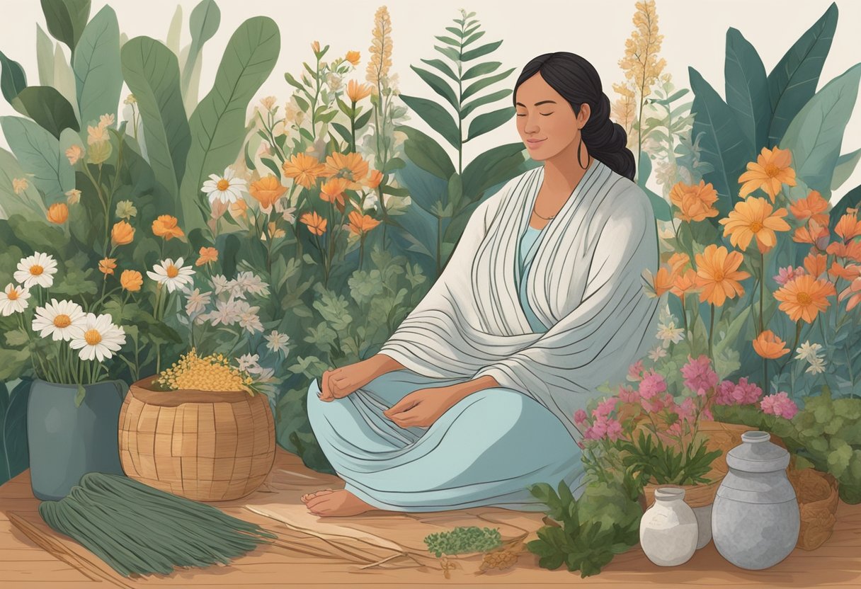 A woman sits on a woven rebozo, surrounded by healing herbs and flowers, as a midwife tends to her during childbirth