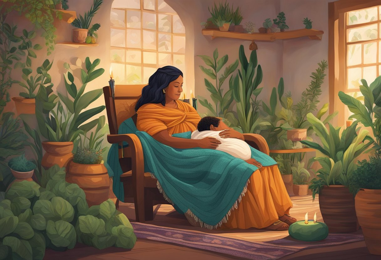 A woman wearing a rebozo sits in a traditional Mexican birthing chair, surrounded by herbs and candles, as a midwife attends to her