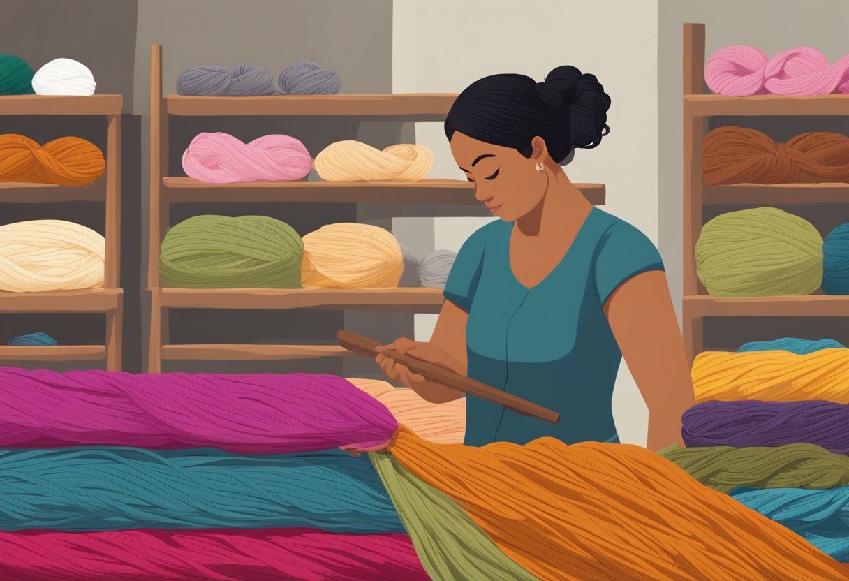 A skilled artisan carefully inspects and tests the texture, weight, and drape of vibrant rebozo fabrics, surrounded by shelves of colorful yarn and natural dye ingredients