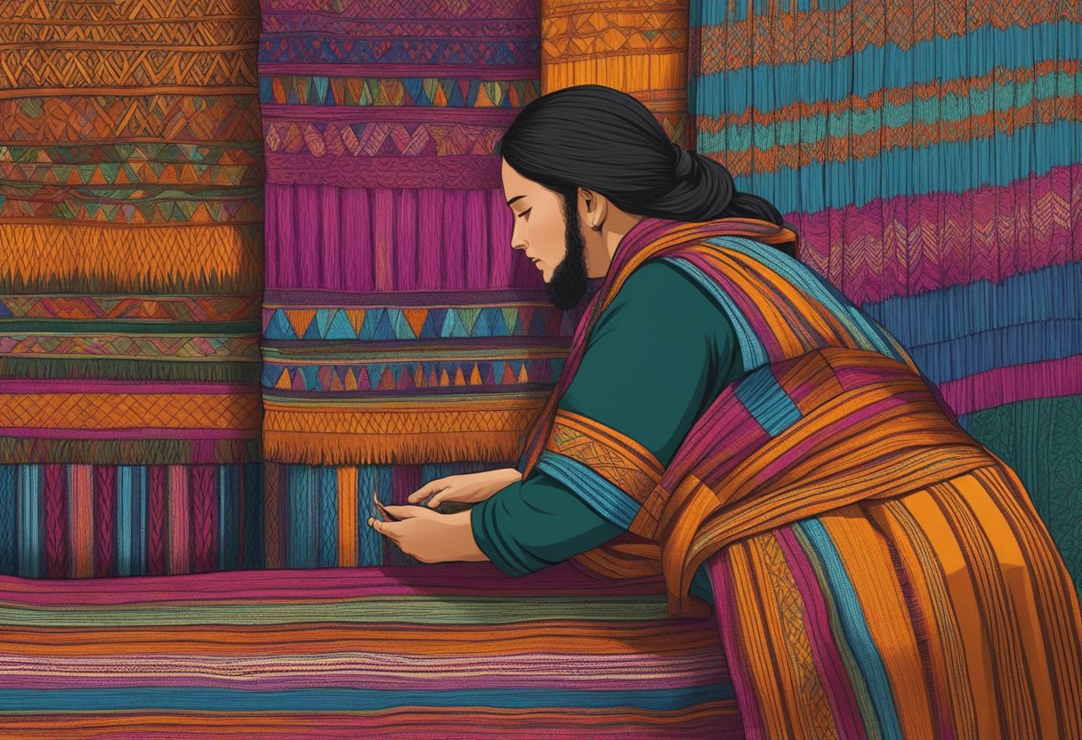 A skilled artisan carefully inspects a vibrant, intricately woven rebozo fabric, examining its texture and drape for signs of high-quality craftsmanship