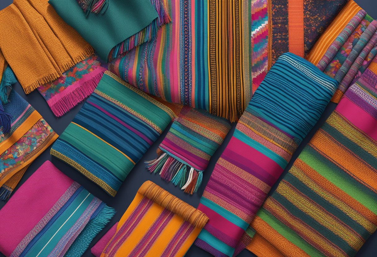 A collection of vibrant rebozo fabrics and materials laid out on a table, showcasing various patterns and textures