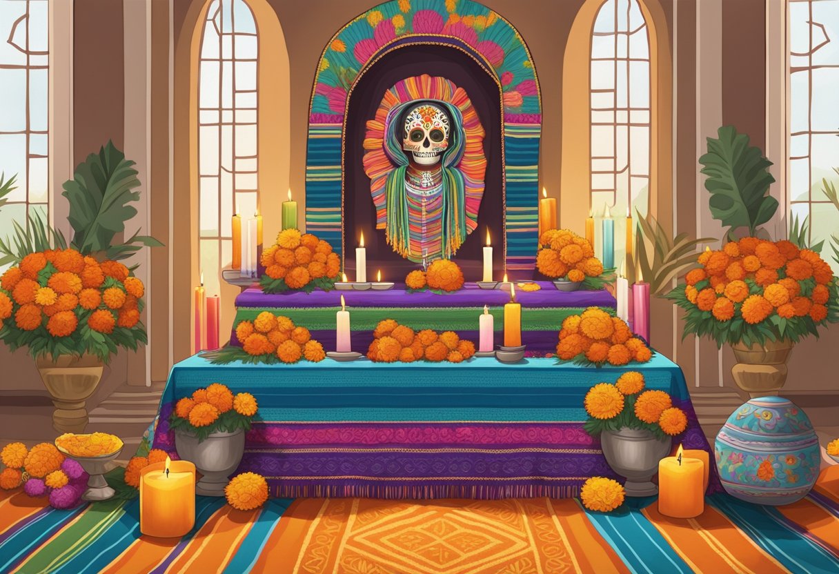 A colorful rebozo draped over a traditional altar adorned with marigolds, candles, and sugar skulls