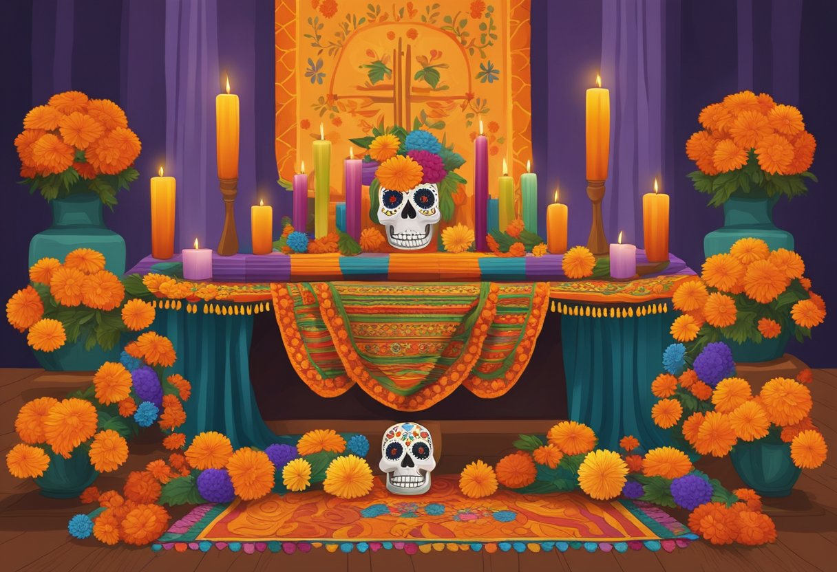 A colorful rebozo drapes over an altar adorned with marigolds, candles, and sugar skulls, symbolizing the cultural significance of the traditional garment in Day of the Dead celebrations