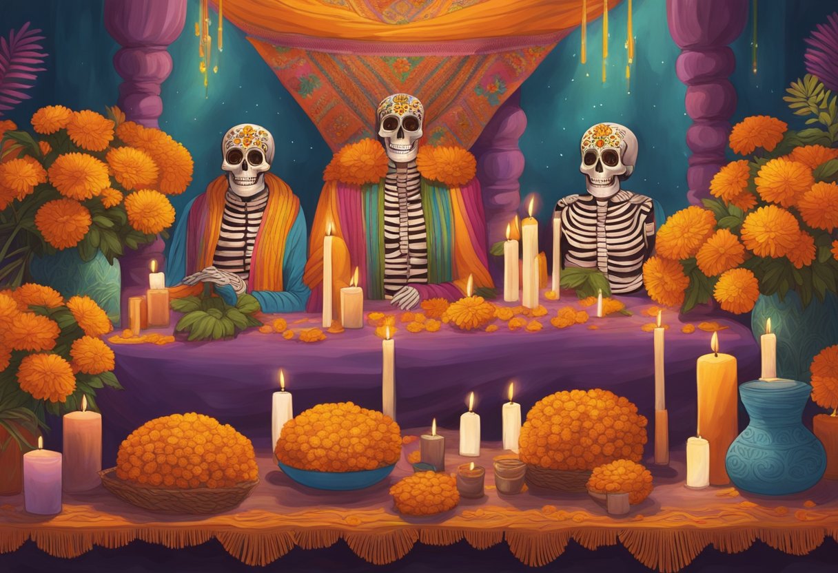 A colorful rebozo draped over a festive altar adorned with marigolds, candles, and sugar skulls. A group of people gather around, sharing stories and memories