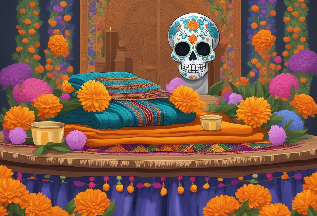 A colorful rebozo draped over a festive Day of the Dead altar, surrounded by marigold flowers and traditional offerings