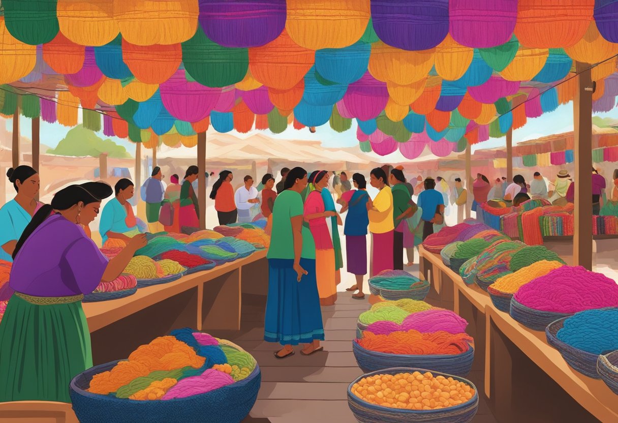 A vibrant market scene with colorful rebozos on display, surrounded by traditional Mexican crafts and decorations. The atmosphere is lively and celebratory, capturing the cultural and artistic significance of the rebozo in contemporary Mexico