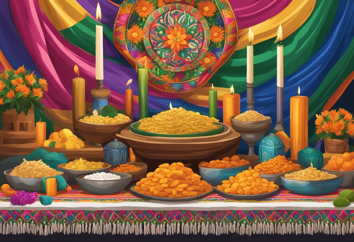 A colorful array of rebozos draped over a traditional Mexican altar, surrounded by festive decorations and symbols of national pride