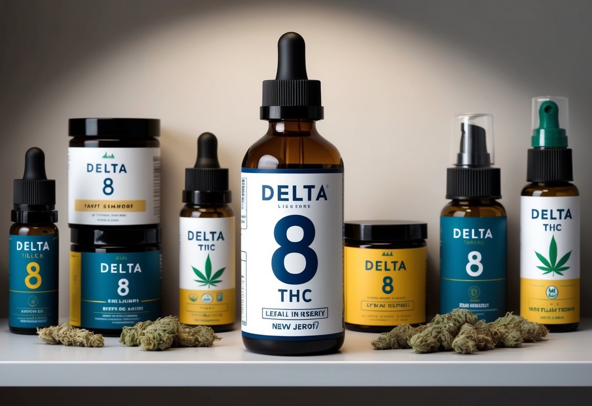 A bottle of Delta 8 THC sits on a shelf, surrounded by various cannabis products. The label prominently displays the product's legality in New Jersey