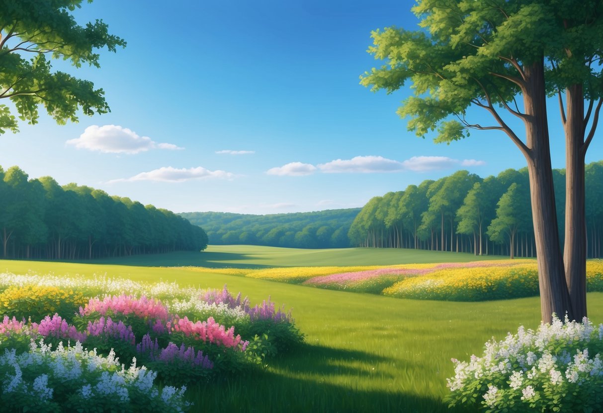 A serene New Jersey landscape with a clear blue sky and a field of blooming flowers, surrounded by a dense forest