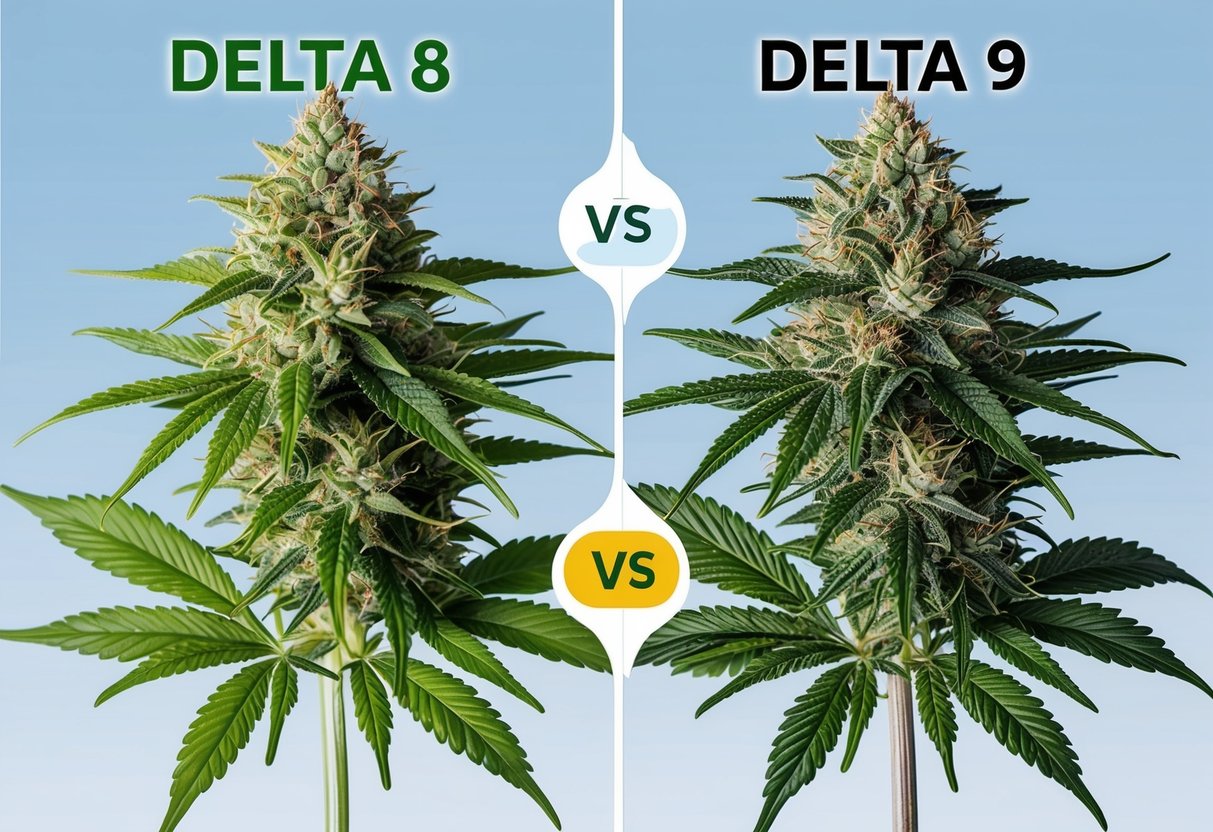 Two cannabis plants side by side, one labeled "Delta 8" and the other "Delta 9." The Delta 8 plant is highlighted to convey legality in New Jersey