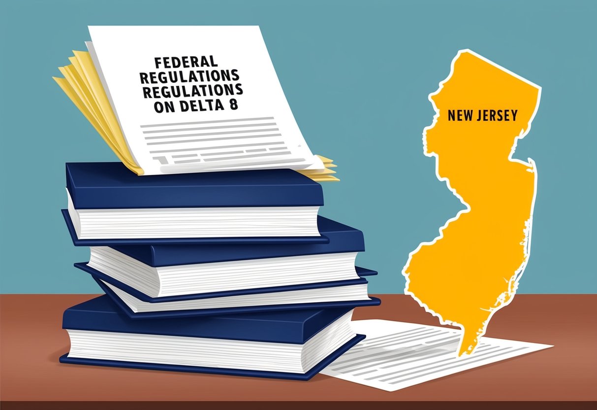 A stack of legal documents with the title "Federal Regulations on Delta 8" and a map of New Jersey highlighted