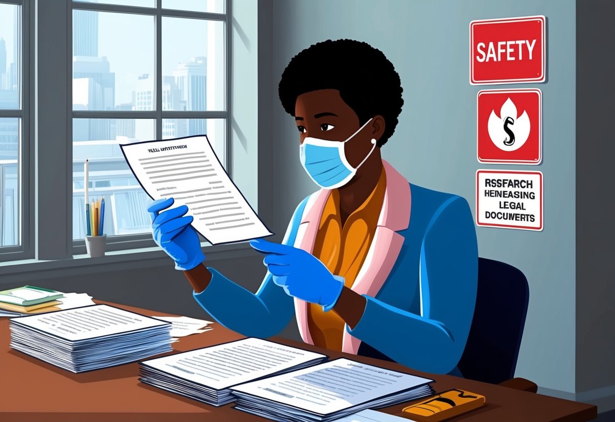 A person researching legal documents while wearing a face mask and gloves in a well-ventilated room with safety signs posted