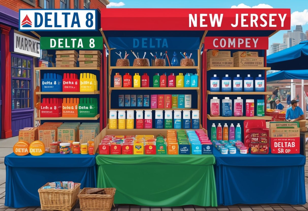 A colorful market stall in New Jersey with various Delta 8 products displayed