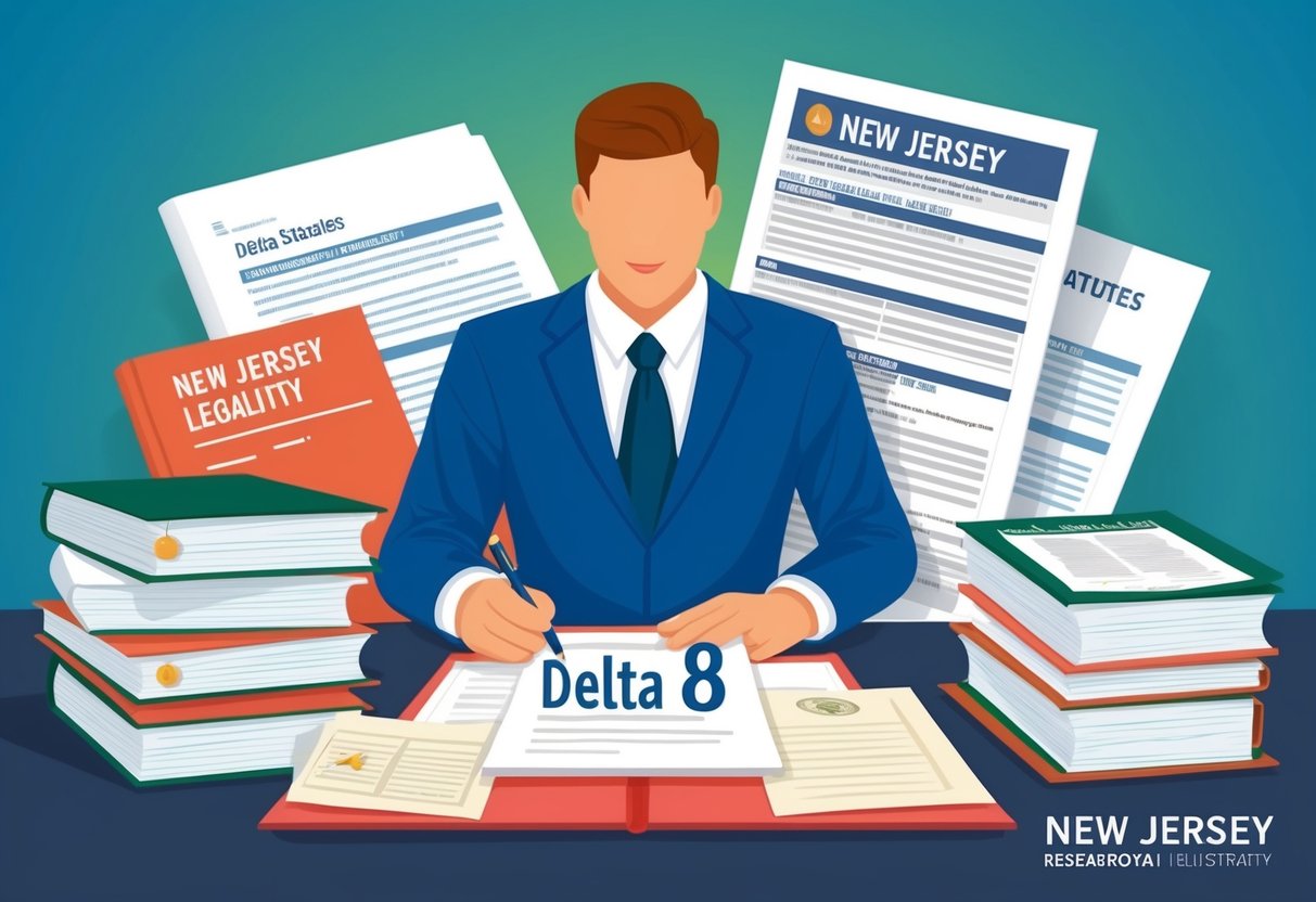 A person researching Delta 8 legality in New Jersey, surrounded by legal documents and state statutes