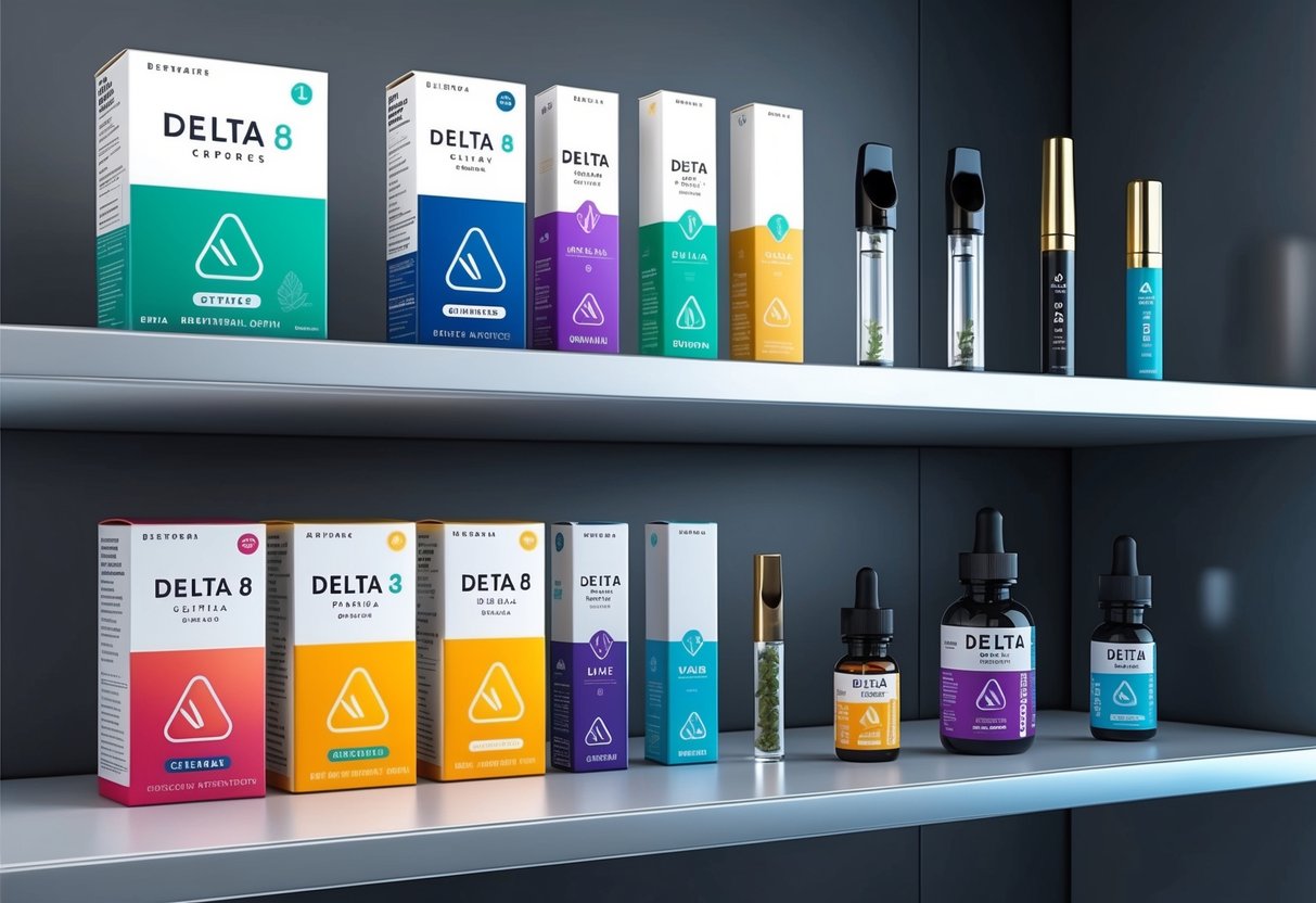 A display of various Delta 8 products, including gummies, vape cartridges, and tinctures, arranged on a sleek, modern shelf