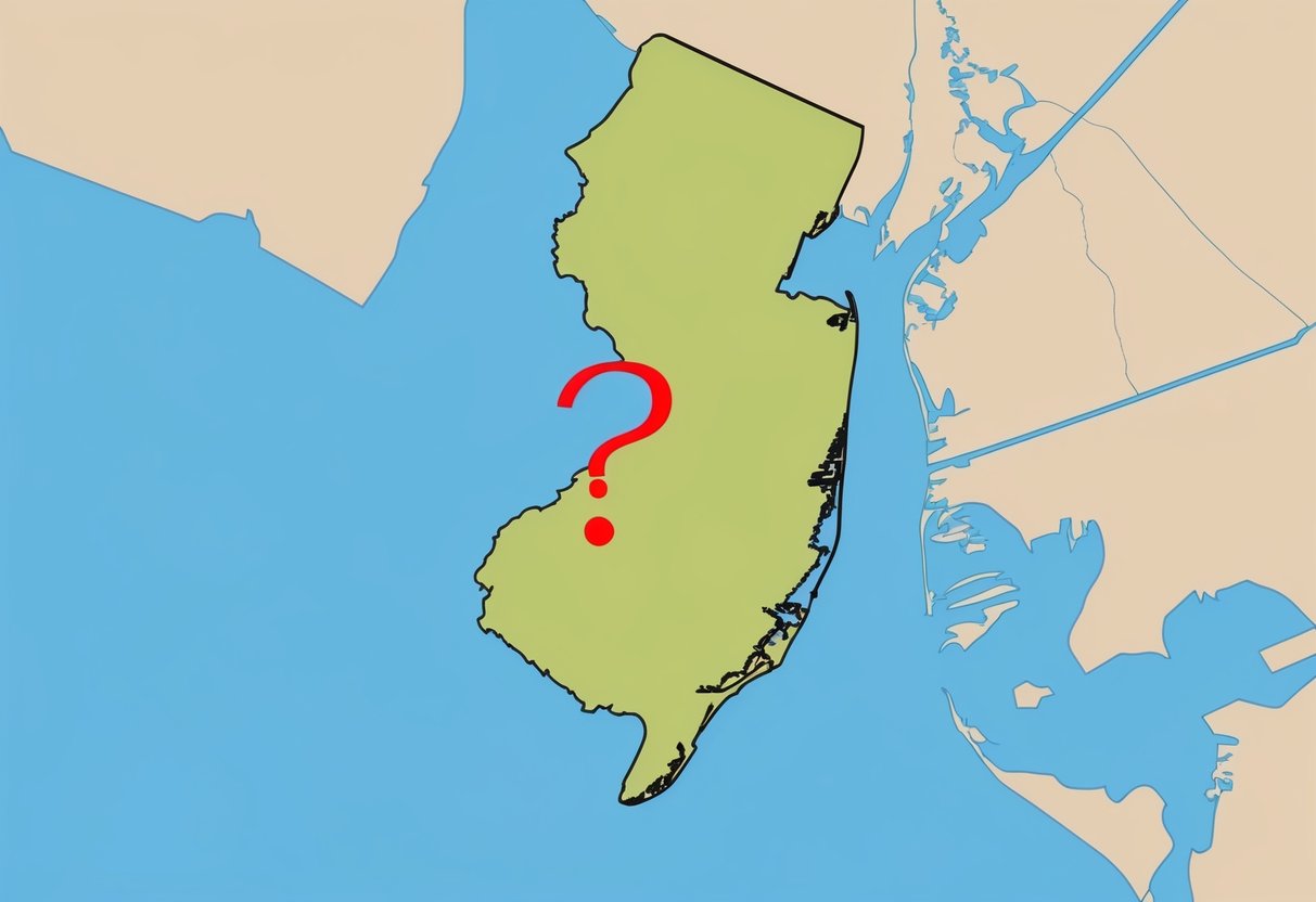 A state map of New Jersey with a highlighted area and a question mark symbolizing the legality of delta 8