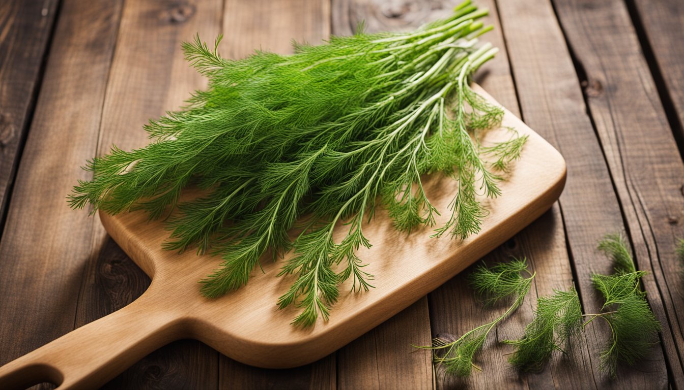 Fresh dill sprigs on a wooden cutting board, with delicate, feathery leaves