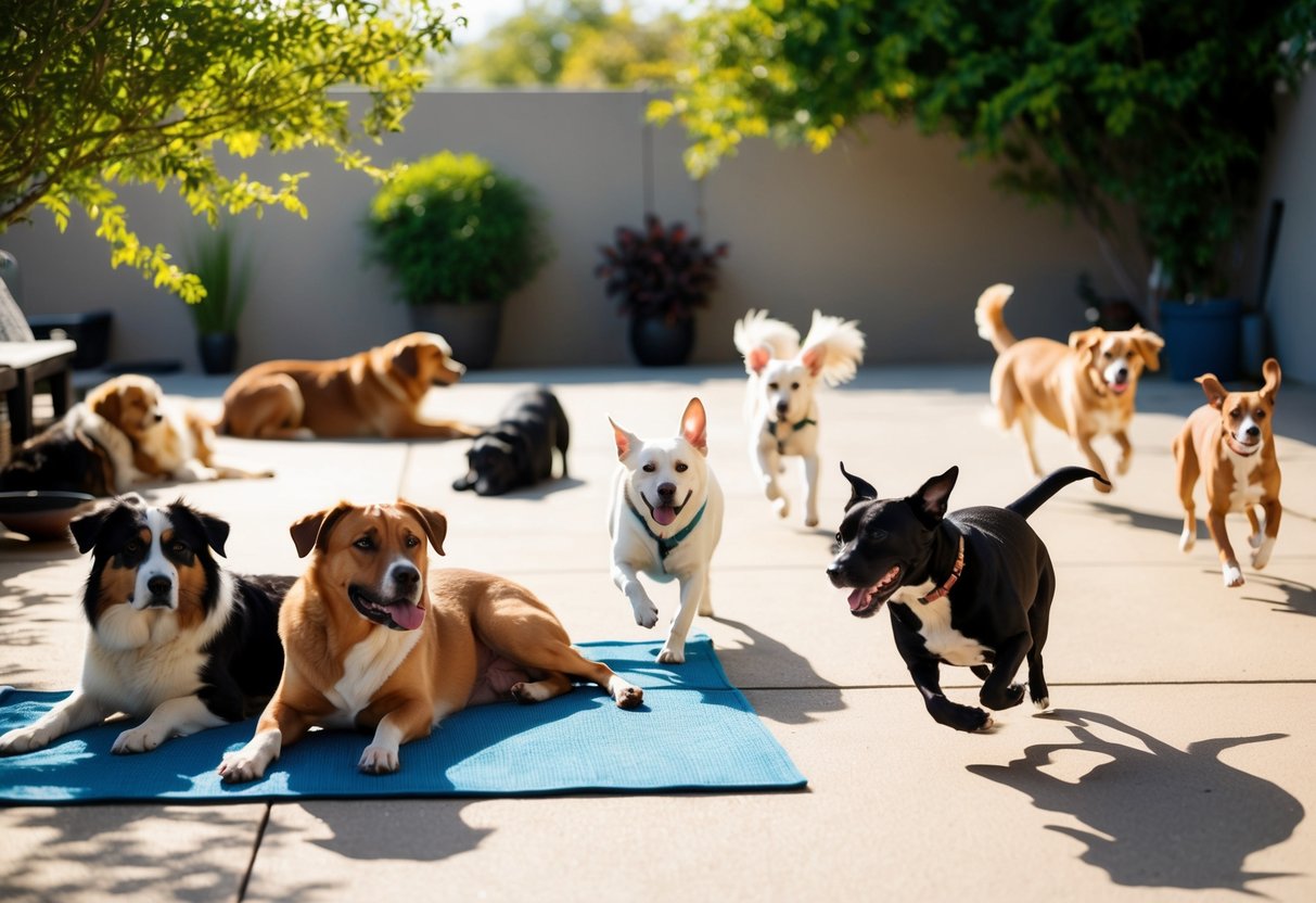 Multiple dogs of different sizes and breeds resting and playing in a spacious, sunlit backyard. Some are lounging in the shade, while others are running and jumping around, displaying varying levels of energy