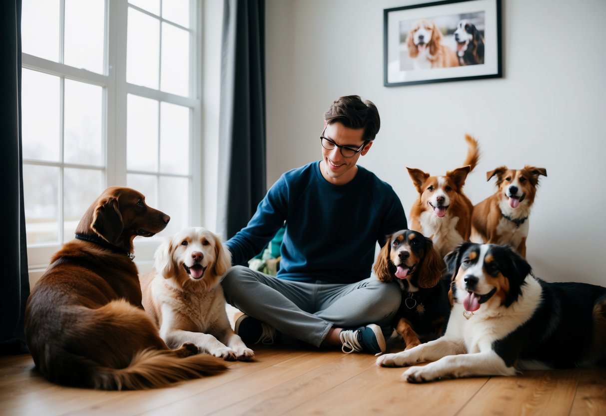 A person sitting in a room with multiple dogs, some lounging and relaxed, while others are energetic and playful. The person is juggling the needs of the dogs, trying to balance their different energy levels