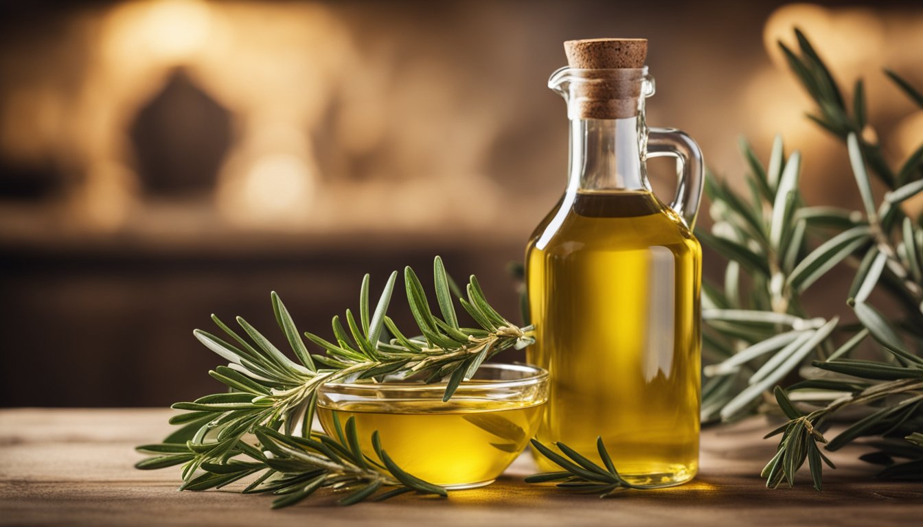 Golden olive oil, rosemary sprigs in rustic bottle on wooden table. Surrounding scattered leaves, small bowl of oil, and kitchen setting. Warm and inviting atmosphere