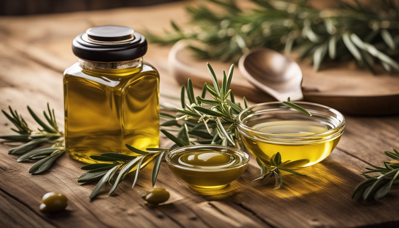 A rustic bottle of golden olive oil with rosemary on a wooden table, surrounded by scattered leaves and a bowl of oil. Background hints at a warm kitchen setting