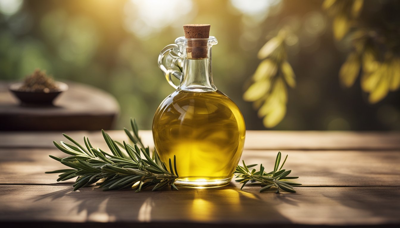 A rustic glass bottle filled with golden olive oil and fresh rosemary sits on a wooden table, surrounded by scattered leaves and a small bowl of oil. Additional herbs and a hint of a kitchen create a warm atmosphere