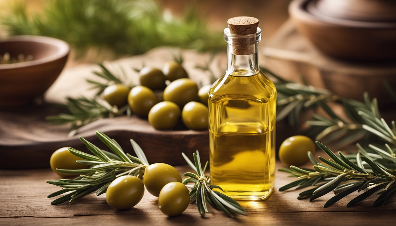 A rustic bottle of golden olive oil with rosemary on a wooden table, surrounded by scattered leaves and a small bowl of oil. Background shows herbs and a hint of a kitchen