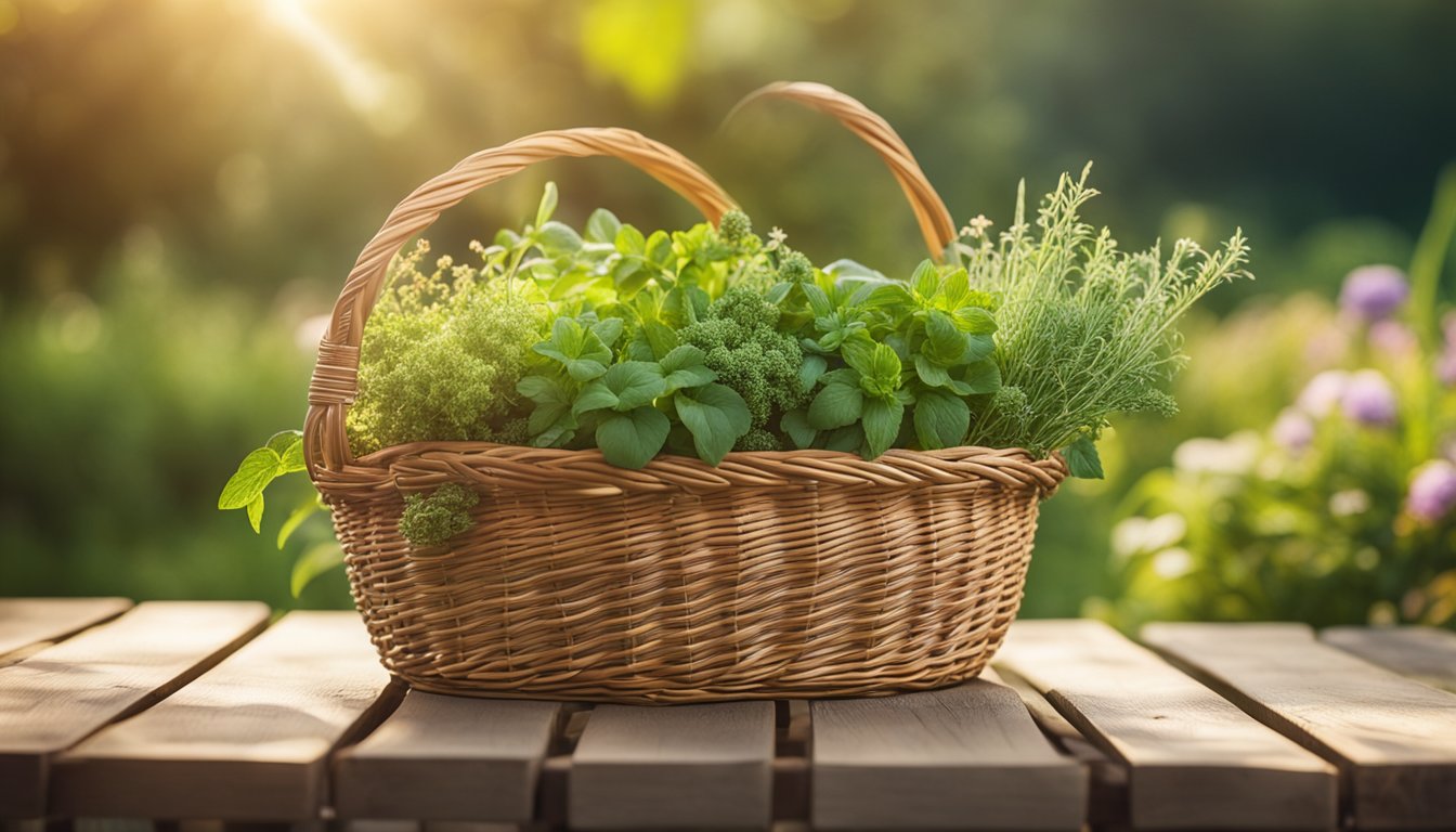 A bountiful garden of vibrant herbs, overflowing wicker basket on a wooden table, bathed in soft sunlight