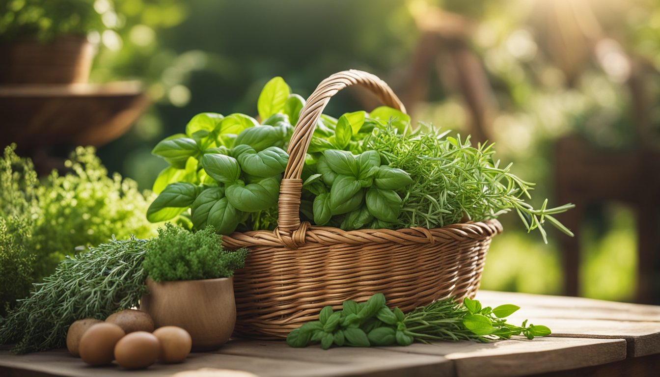 A bountiful garden of vibrant herbs, bathed in soft sunlight, with a wicker basket overflowing with freshly cut basil, thyme, and rosemary on a wooden table