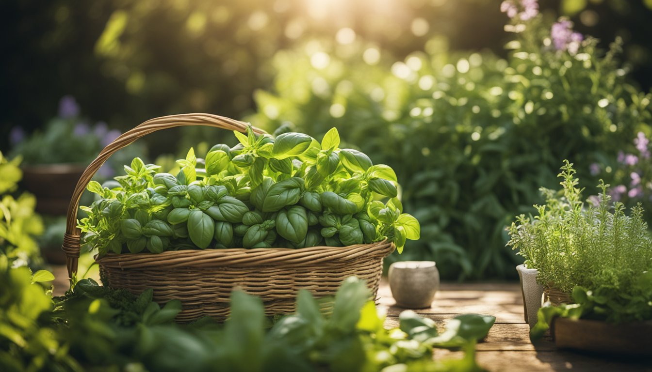 A garden bursting with vibrant herbs, a basket overflowing with freshly cut basil, thyme, and rosemary, bathed in soft sunlight