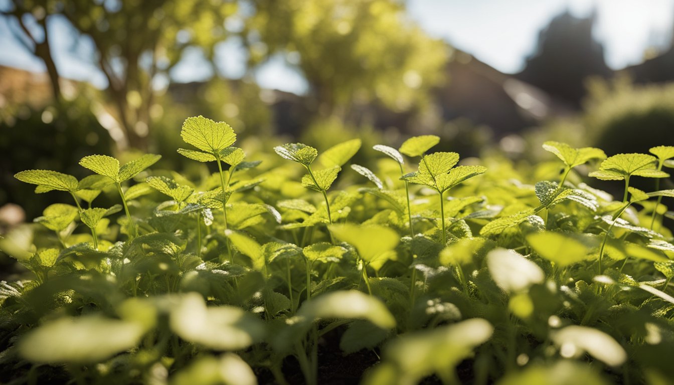 Yellowing leaves, insect damage, and fungal spots mar the herb garden. Gardening tools lie nearby. A sunny sky highlights proactive herb care