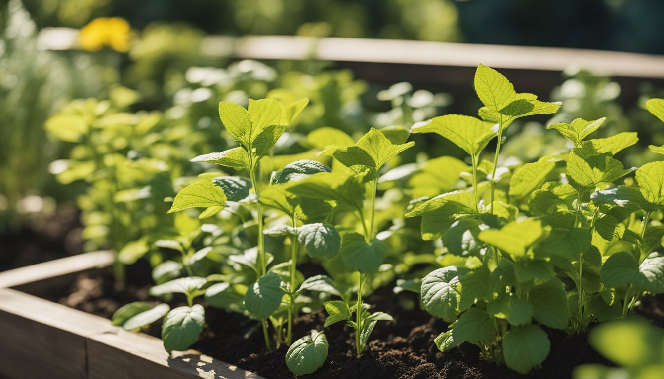 Yellowing leaves, insect damage, and fungal spots mar the herb garden, but nearby tools suggest a proactive approach to care. Sunny sky and well-maintained garden bed complete the scene