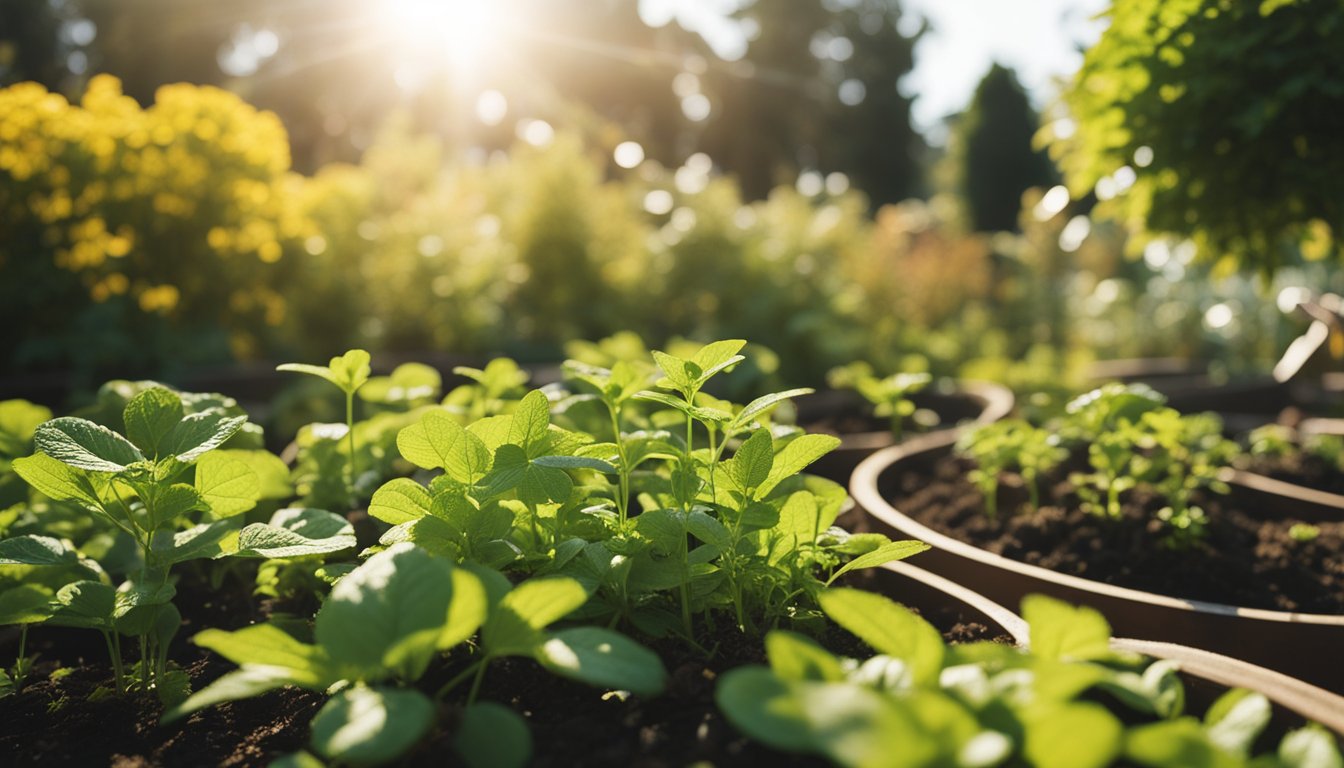 Yellowing leaves, insect damage, and fungal spots mar the herb garden, but nearby tools suggest proactive care. Sunny sky and well-maintained garden bed complete the scene