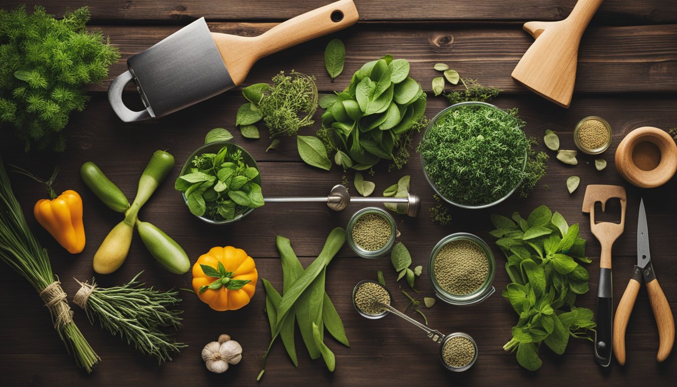 A variety of harvesting tools neatly arranged on a wooden table, surrounded by freshly harvested herbs and scattered leaves, with a lush garden in the background