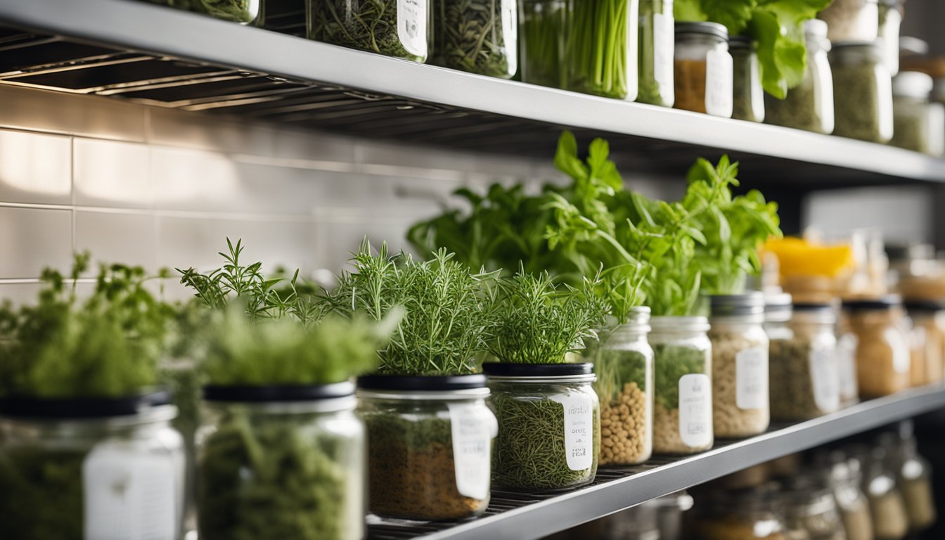 Freshly harvested herbs neatly arranged on a counter, some wrapped in damp paper towels and stored in airtight containers, others laid out on a drying rack. Labels, spray bottle, and thermometer nearby. Bright, clean kitchen with shelves of dried herbs